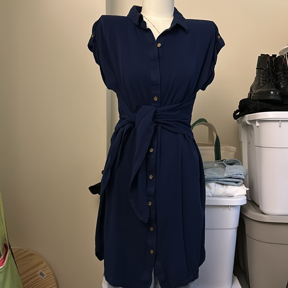 Navy Blue Button-Up Shirt-Dress - Picture 2 of 12
